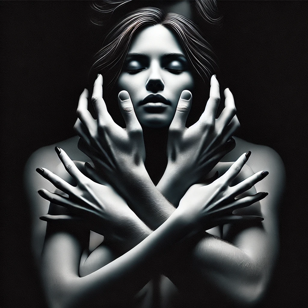 DALL·E 2025 02 28 17.12.21 A Black And White Artistic Depiction Of A Woman Standing In The Center With A Man Positioned Behind Her. The Woman Is Covered Only By Their Intertwine